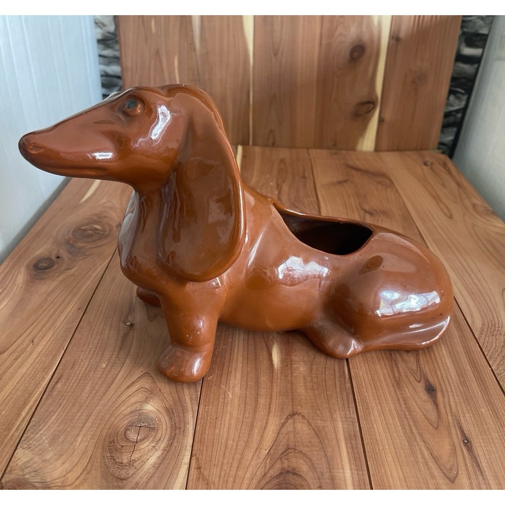VTG  Daschund Dog Planter Ceramic 11" Art Deco Brown -Hotdog Floral Retro Garden - Picture 3 of 7